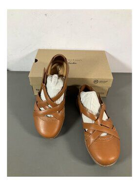 Clarks Women's Roseville Step Slip-Ons, Brown Leather, Size 9W, Wide Width Fit,